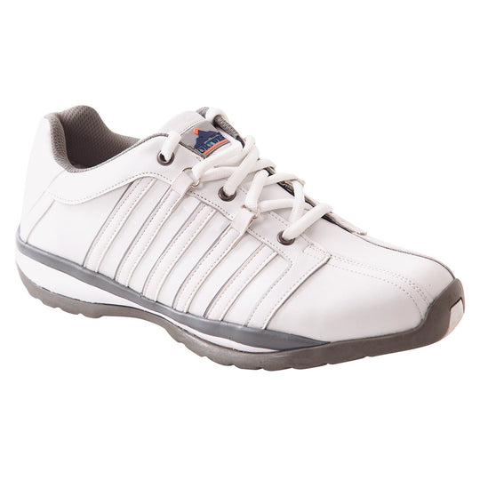 White and black safety trainer with steel toe, mesh panels, and cushioned sole for comfort and protection.