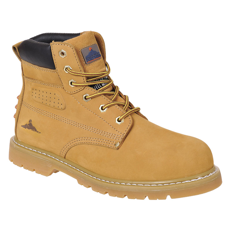 Black leather safety boot with reinforced toe and slip-resistant sole, designed for durability.