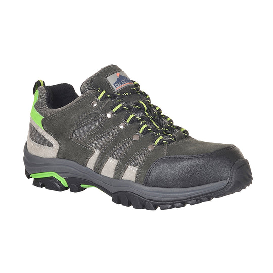 Grey low-cut safety trainer with black accents and protective toe cap for industrial use.