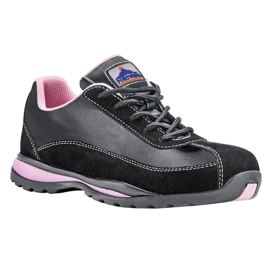 Black and pink women's safety trainer with breathable mesh panels and reinforced toe.