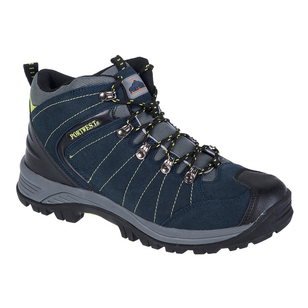 Navy blue hiker safety boot with padded collar and rugged outsole for enhanced grip.