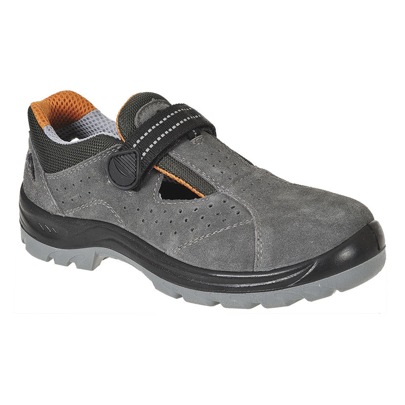 Grey safety sandal with perforated design, adjustable strap, and reinforced toe.