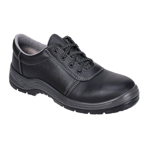 Black safety shoe with reinforced toe, anti-slip sole, and subtle red detailing.