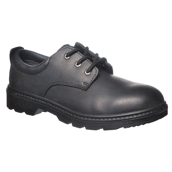 Black safety shoe with robust construction, padded collar, and slip-resistant sole.