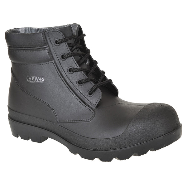 Black PVC safety boot with high shaft, waterproof design, and rugged outsole for wet conditions.