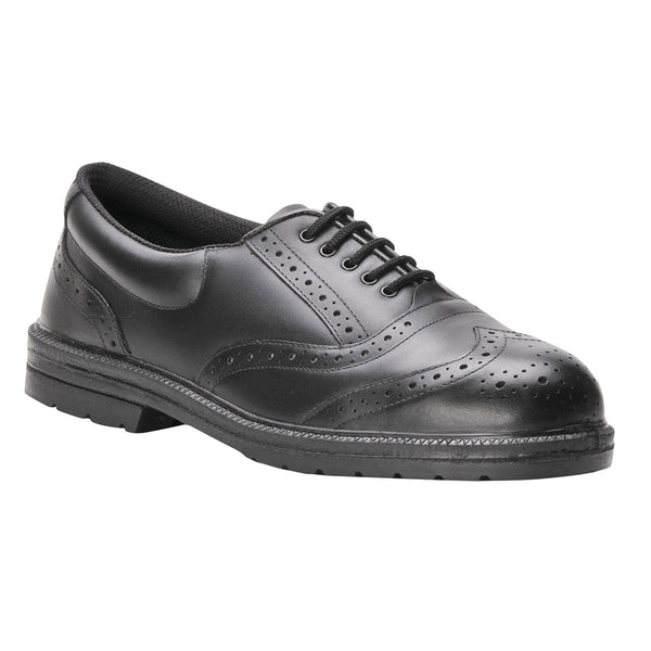 Black executive brogue safety shoe with classic perforated design and protective toe cap.