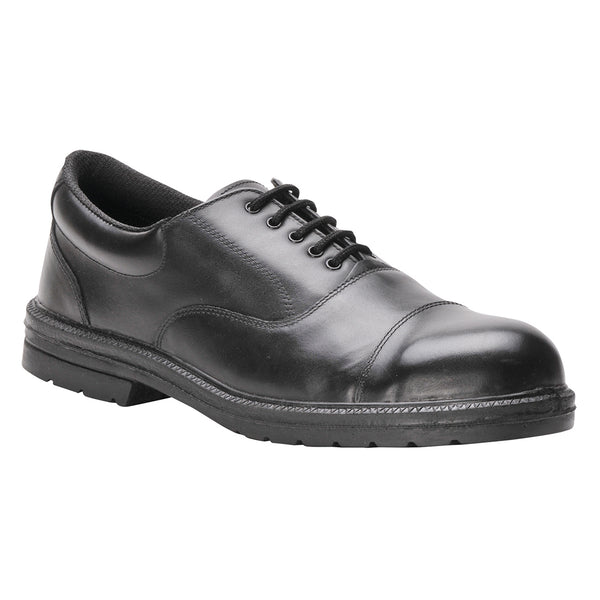 Black oxford safety shoe with smooth finish and reinforced toe for professional workplaces.