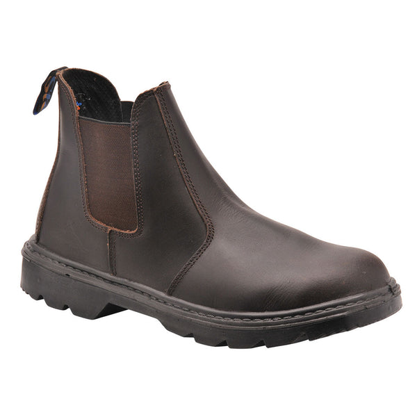 Brown dealer safety boot with elastic side panels and durable sole for workplace use.