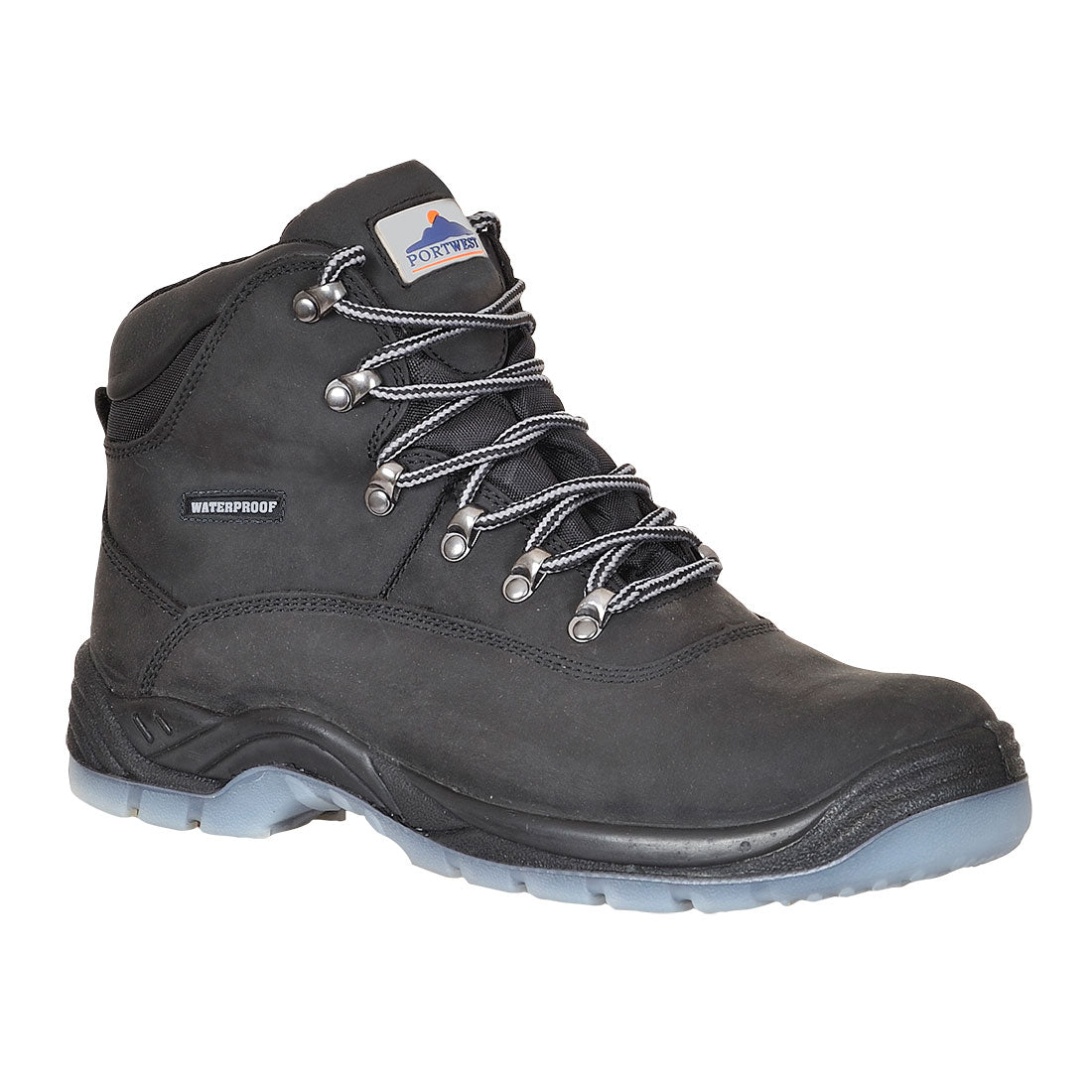 Black all-weather safety boot with waterproof upper and rugged, slip-resistant sole.