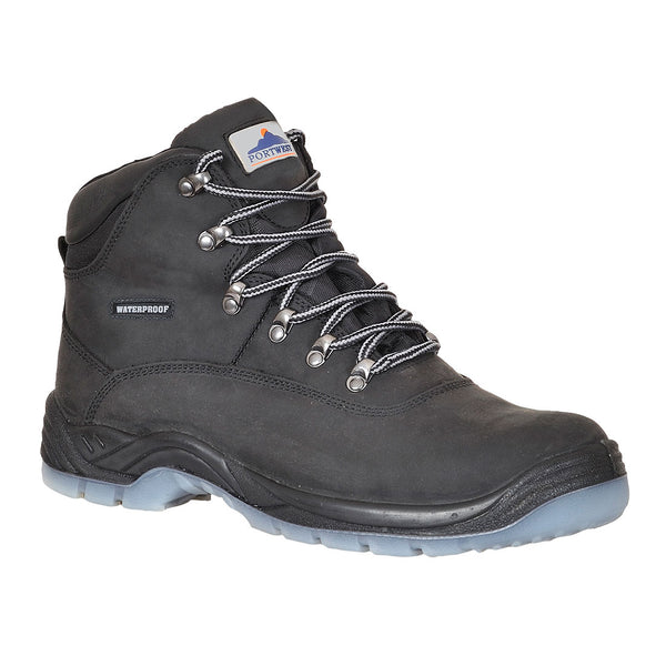 Black all-weather safety boot with waterproof upper and rugged, slip-resistant sole.
