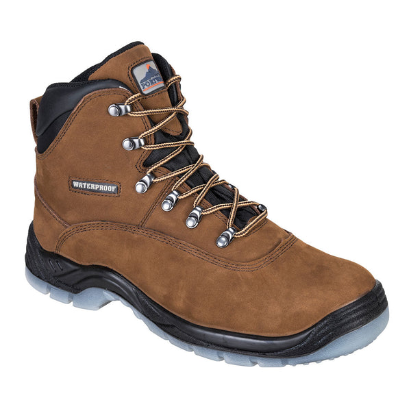 Brown all-weather safety boot with waterproof construction and reinforced toe.