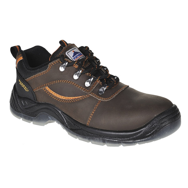 Brown safety shoe with reinforced toe, padded collar, and durable outsole for tough environments.