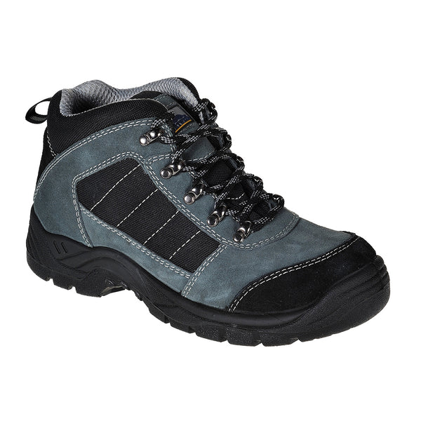 Black trekker safety boot with lace-up front, padded ankle, and slip-resistant tread.