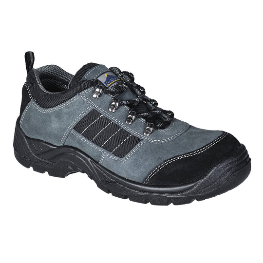 Black trekker safety shoe with robust design, protective toe, and cushioned insole.
