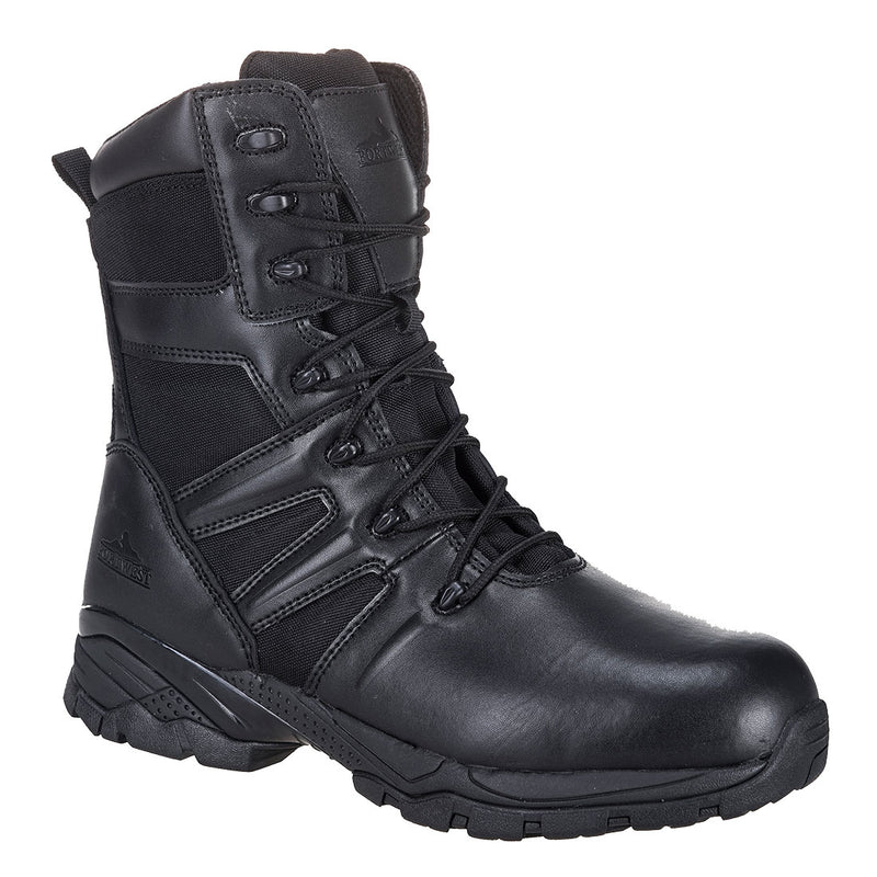 Black taskforce safety boot with reinforced toe, side zip, and rugged sole for demanding jobs.