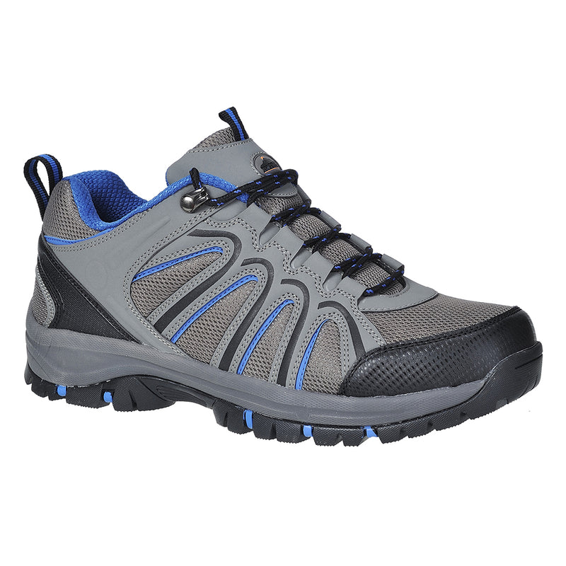 Grey and red low-cut safety trainer with slip-resistant sole and reinforced toe protection.