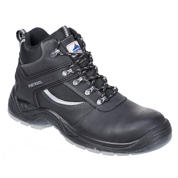 Black safety work boot with steel toe cap and rugged sole for industrial protection.