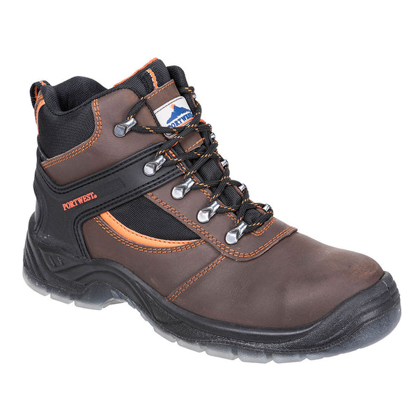 Brown safety boot with sturdy lace-up design and durable outsole for heavy-duty environments.