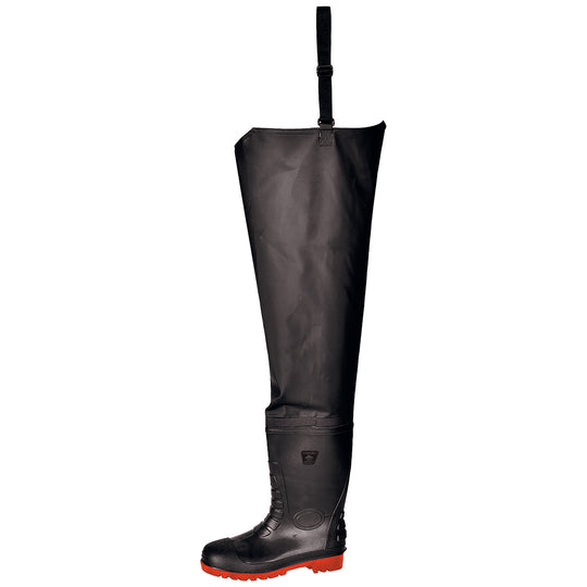 Black waterproof waist wader with reinforced boots and adjustable belt for wet conditions.