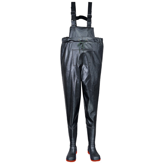 Black chest wader with integrated boots and adjustable shoulder straps for full waterproofing.