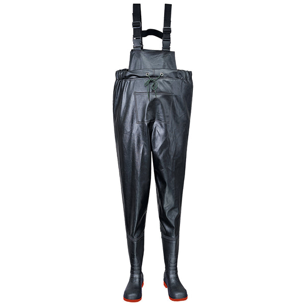 Black chest wader with integrated boots and adjustable shoulder straps for full waterproofing.