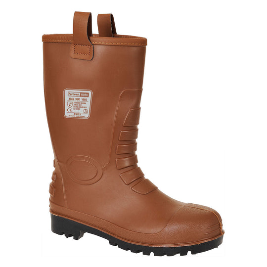 Tan rigger boot with steel toe protection and slip-resistant sole for tough work sites.