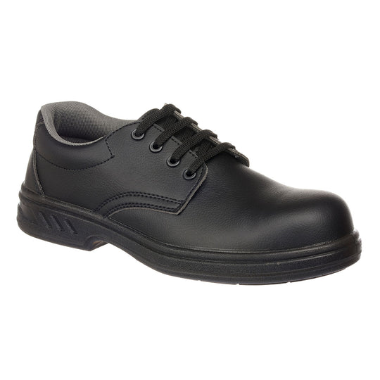 Black laced safety shoe with smooth finish and protective toe cap for workplace safety.