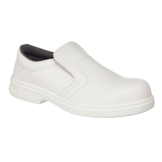 White slip-on safety shoe with smooth upper and steel toe for food or medical industries.
