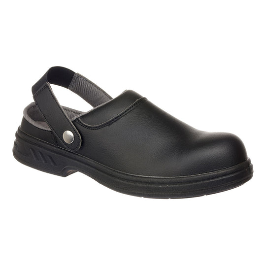Black safety clog with closed back and anti-slip sole for professional environments.