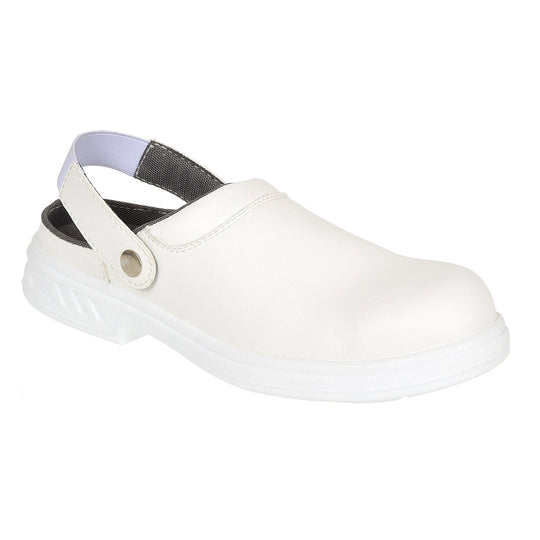 White safety clog with breathable design and slip-resistant sole for cleanroom use.