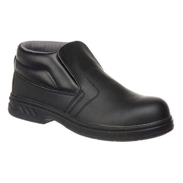 Black slip-on safety boot with reinforced toe and pull tabs for quick wear and removal.