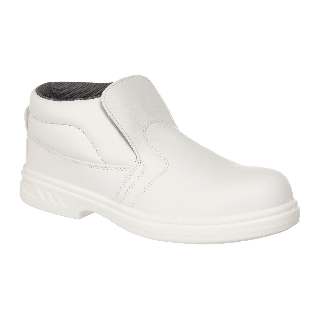 White slip-on safety boot with smooth finish and protective toe for sterile workspaces.