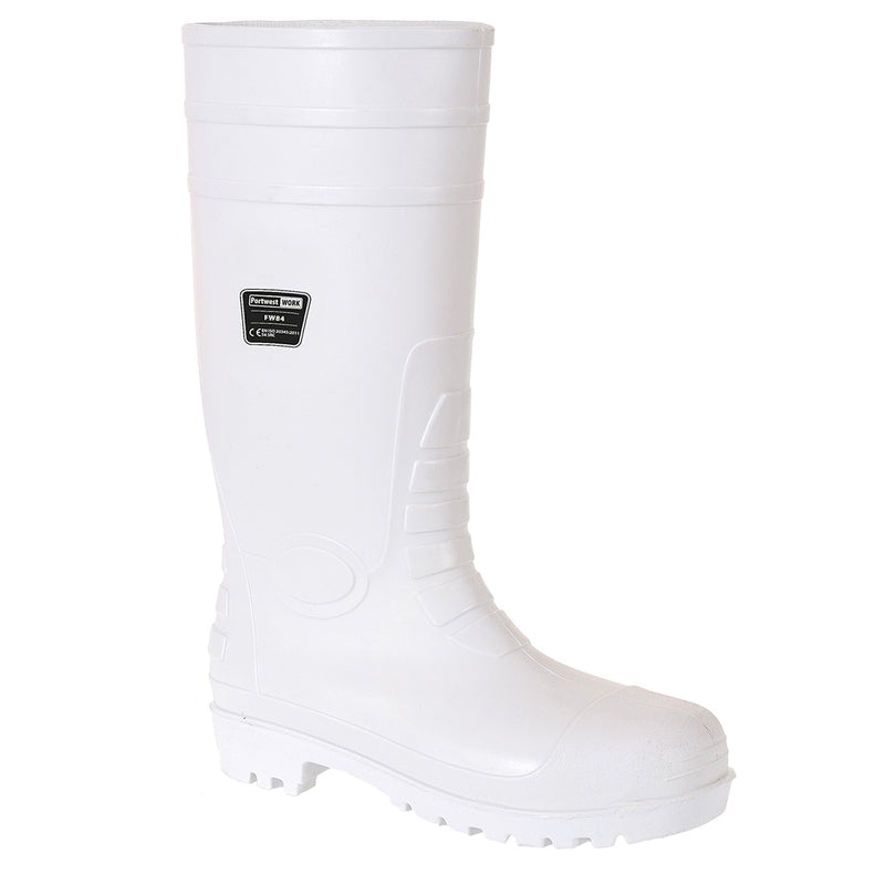 White safety wellington boot with high shaft and slip-resistant sole for food industry use.