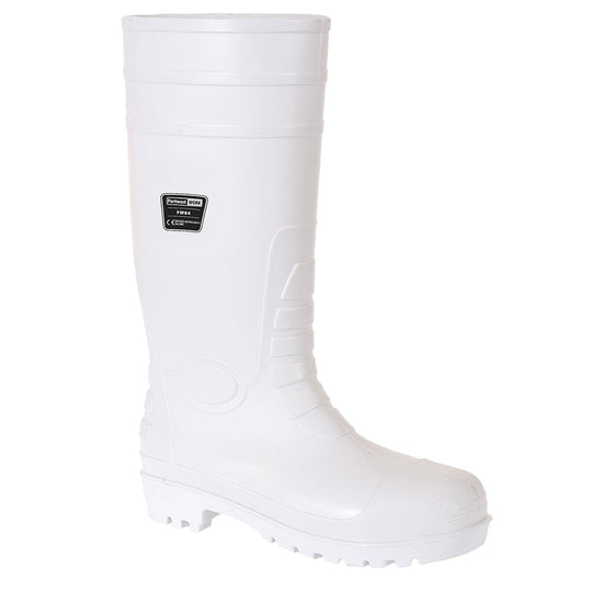 White safety wellington boot with high shaft and slip-resistant sole for food industry use.