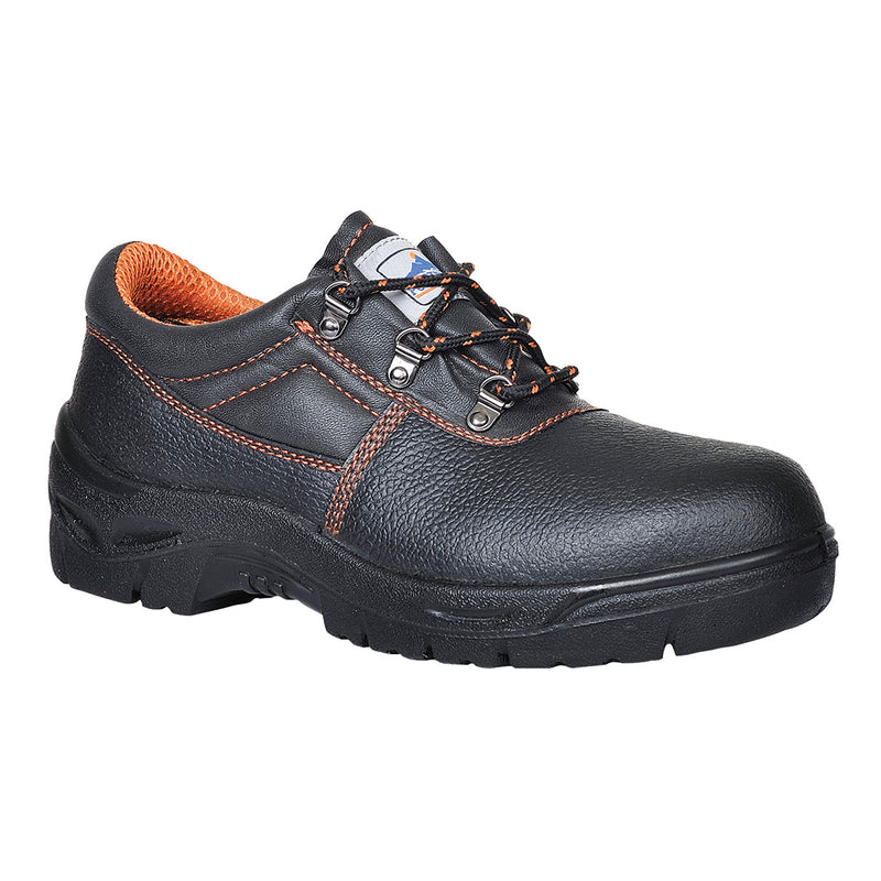 Black safety shoe with breathable mesh panels and steel toe for all-day comfort and protection.