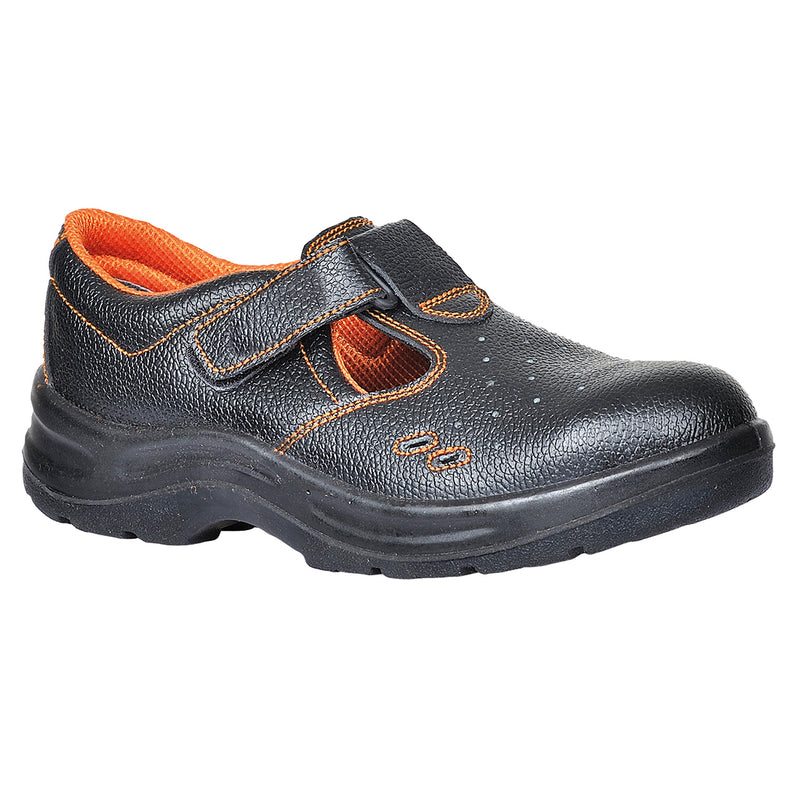 Black safety sandal with open sides, protective toe cap, and adjustable straps for ventilation.