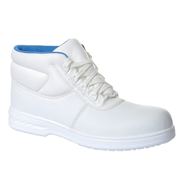 White laced safety boot with padded collar and slip-resistant sole for clean work environments.