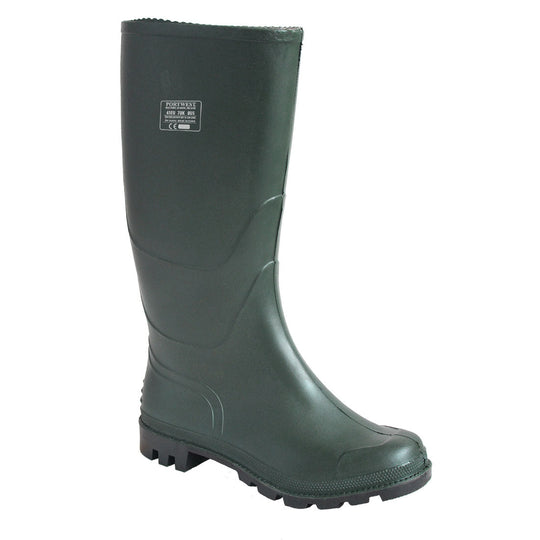 Green PVC wellington boot with reinforced toe and anti-slip sole for agricultural work.