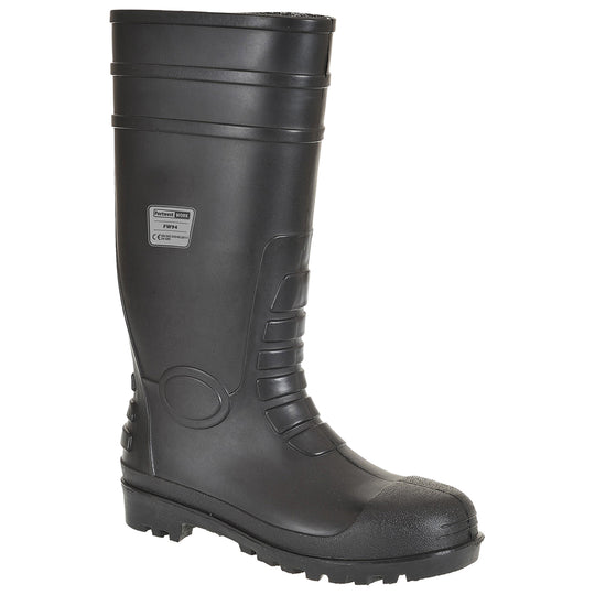 Black classic safety wellington with steel toe and slip-resistant sole for general industrial use.