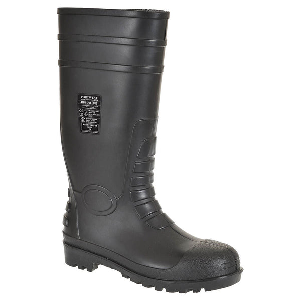 Black total safety wellington with steel toe, puncture-resistant sole, and waterproof upper.