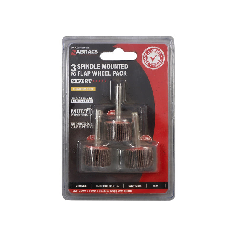 Abracs 3-pack of 25x15mm flap wheels in assorted 40, 80, and 120 grits.
