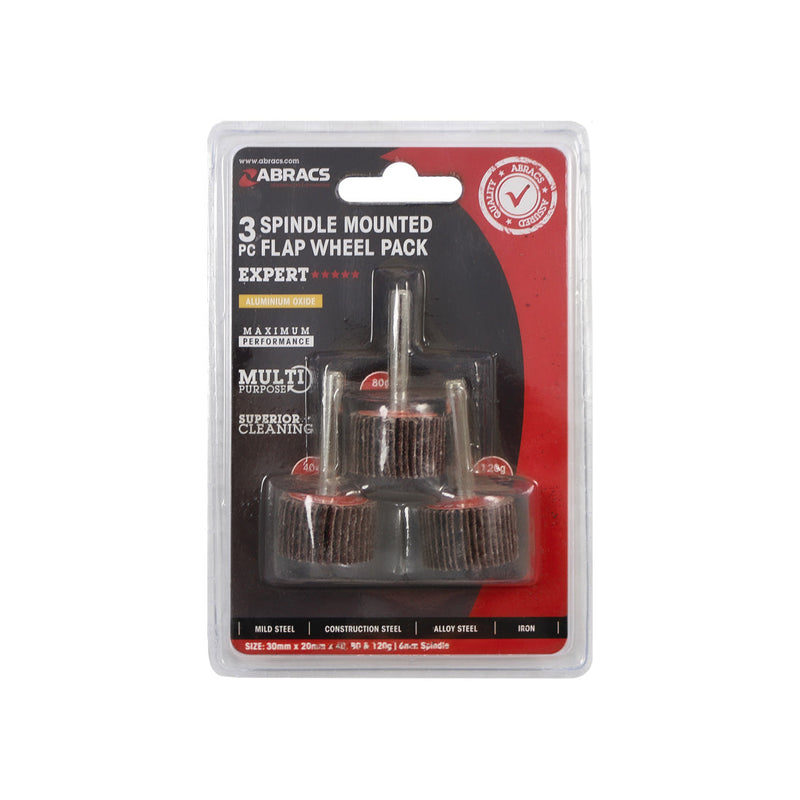 3-piece pack of Abracs 30x20mm flap wheels in coarse, medium, and fine grits.