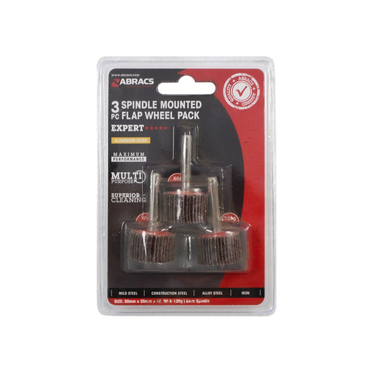 3-piece pack of Abracs 30x20mm flap wheels in coarse, medium, and fine grits.