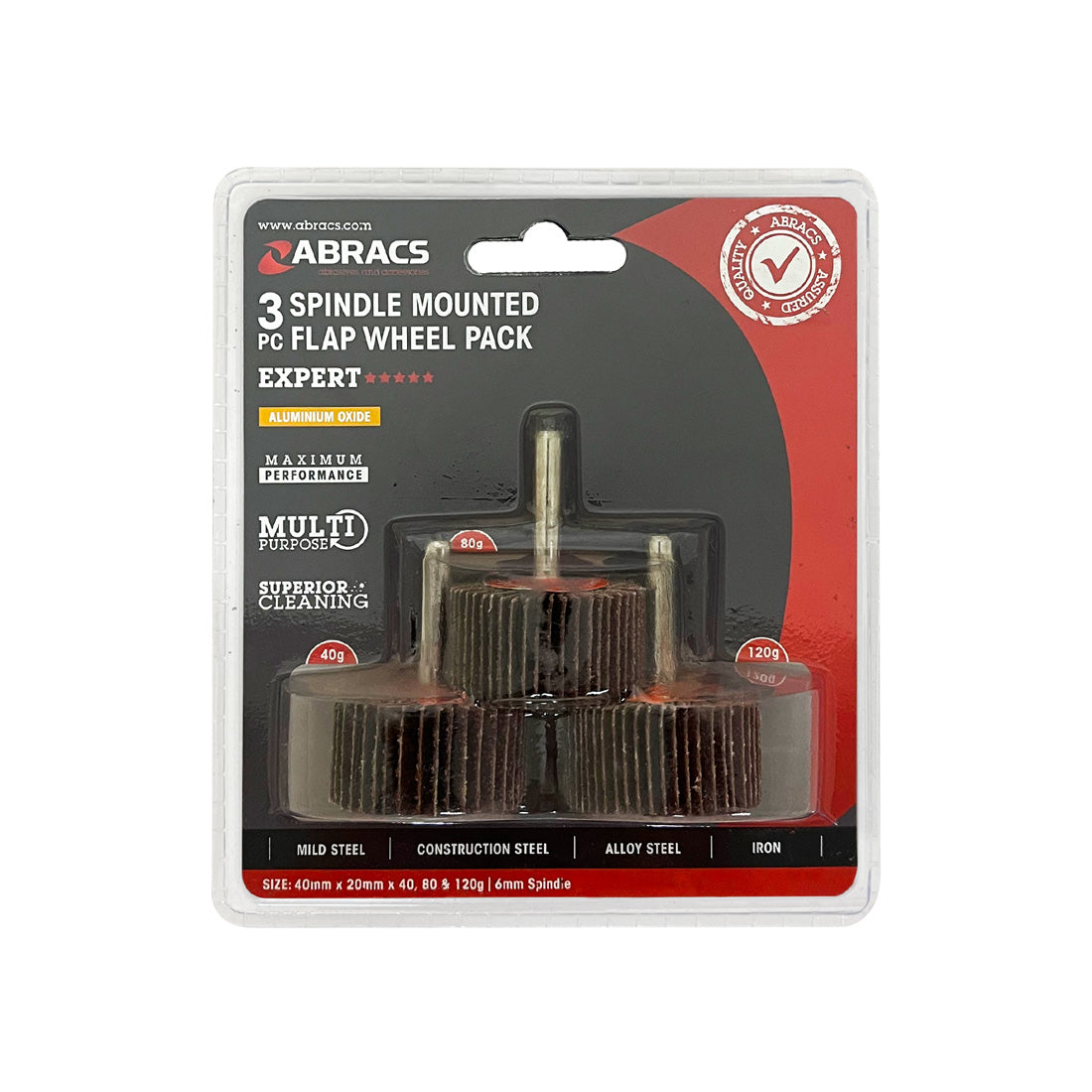 Abracs set of three 40x20mm spindle-mounted flap wheels in mixed grits.