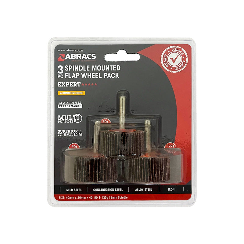 Abracs set of three 40x20mm spindle-mounted flap wheels in mixed grits.