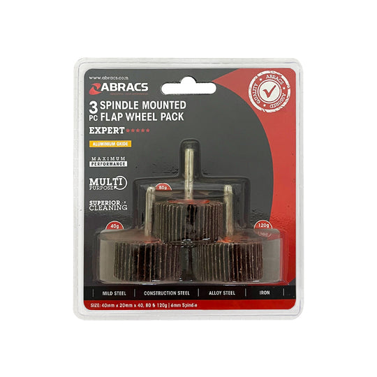 Abracs set of three 40x20mm spindle-mounted flap wheels in mixed grits.