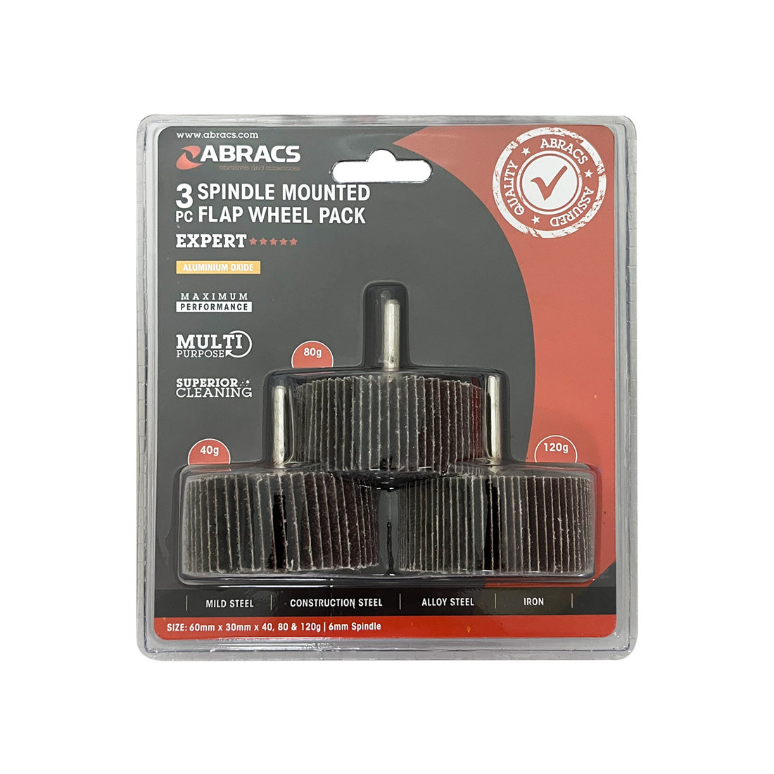 A 3-pack of large 60x30mm flap wheels from Abracs with assorted grits.