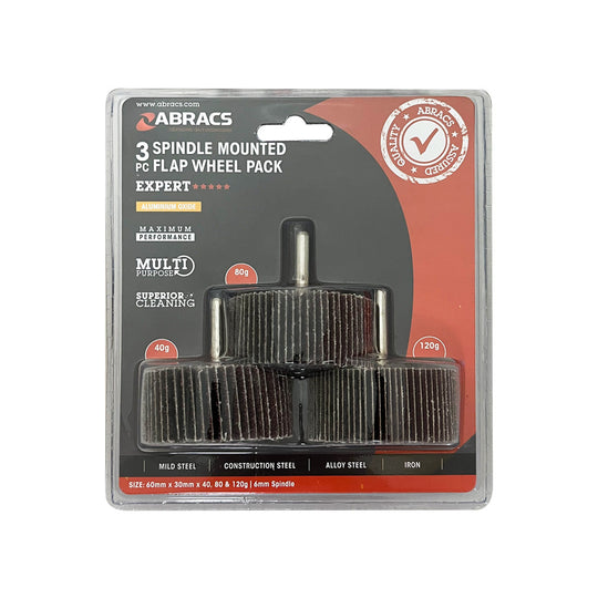 A 3-pack of large 60x30mm flap wheels from Abracs with assorted grits.