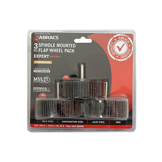 Abracs 3-piece pack of 80x30mm flap wheels, including 40, 80, and 120 grits.