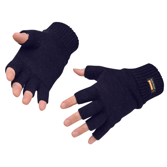 A pair of navy Portwest fingerless knit gloves with Insulatex lining.